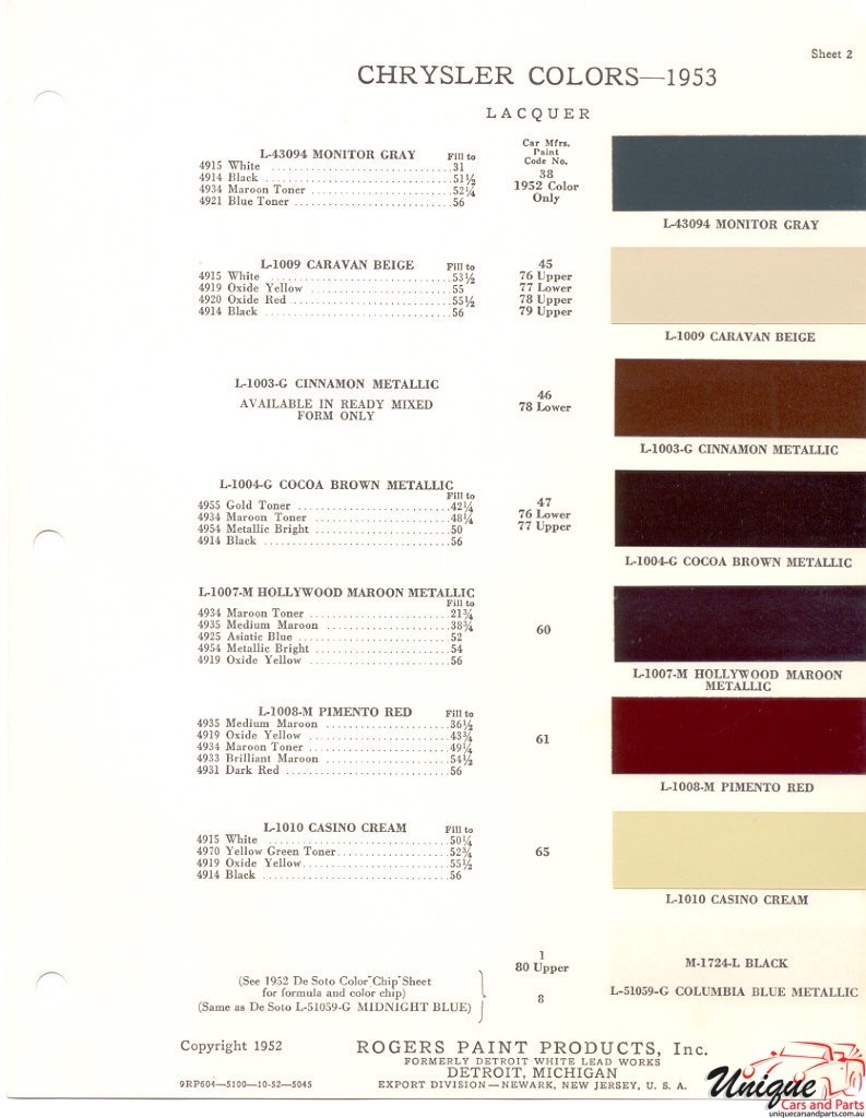1953 Chrysler Paint Charts Rogers 2